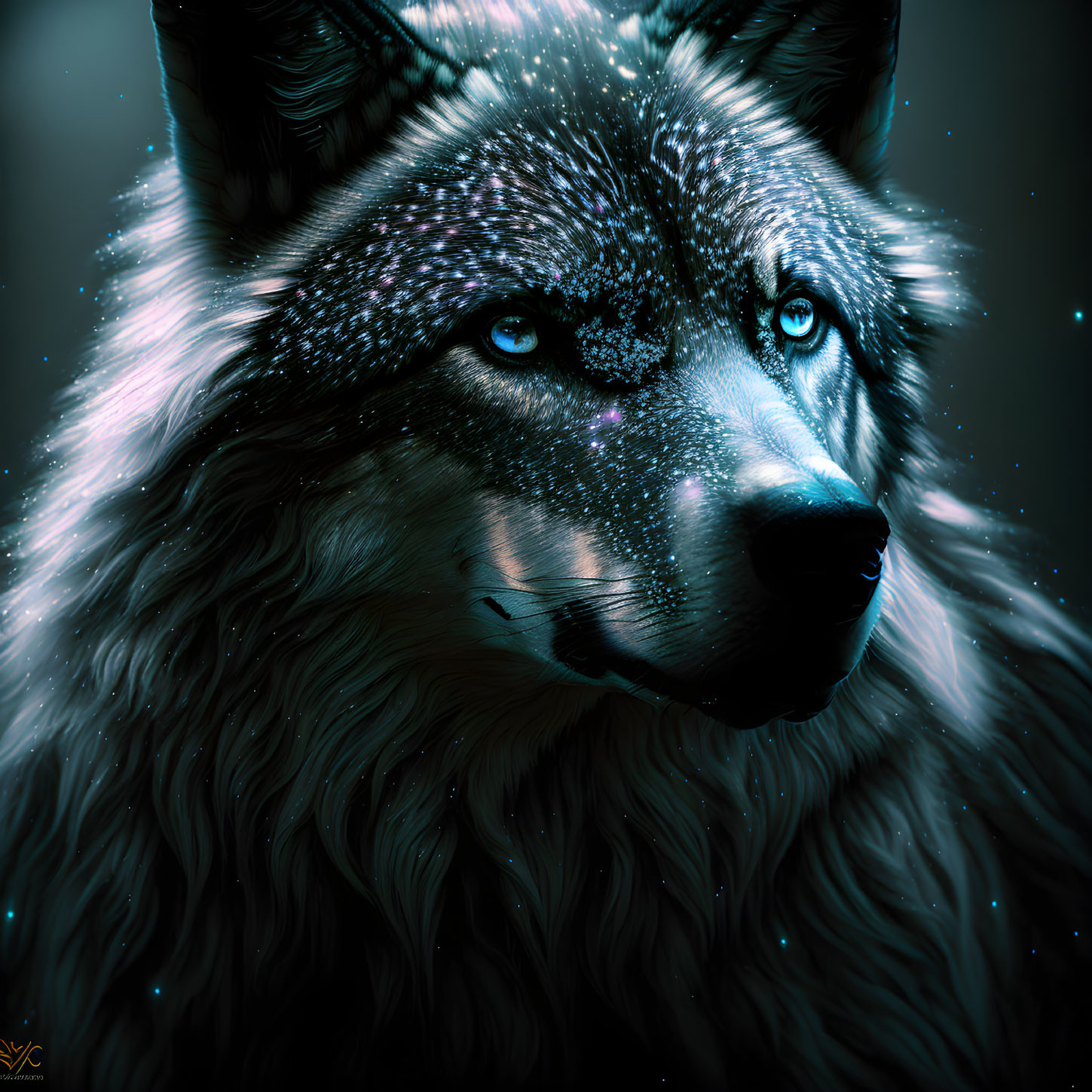 Detailed Wolf Illustration with Intense Blue Eyes and Sparkling Fur