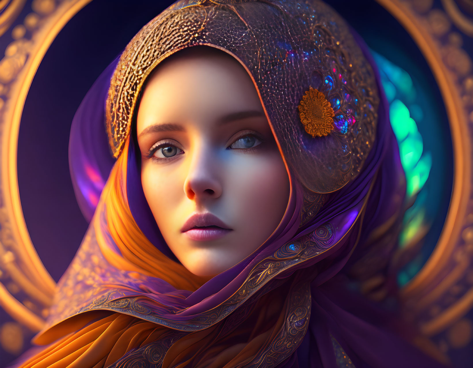 Digital Artwork: Woman with Striking Blue Eyes in Ornate Golden Headscarf