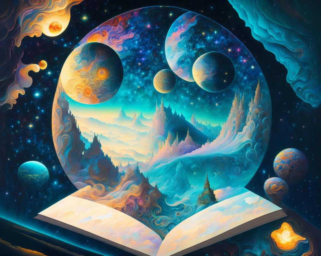 Colorful Cosmic Fantasy Landscape from Open Book