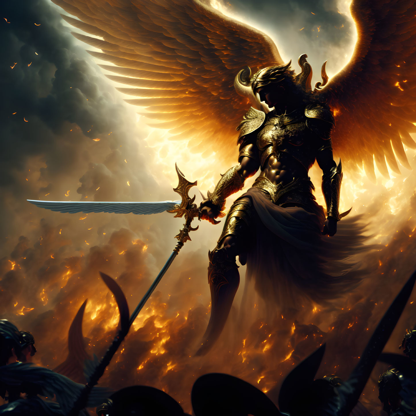 Golden-armored angelic warrior with luminous wings on fiery battlefield