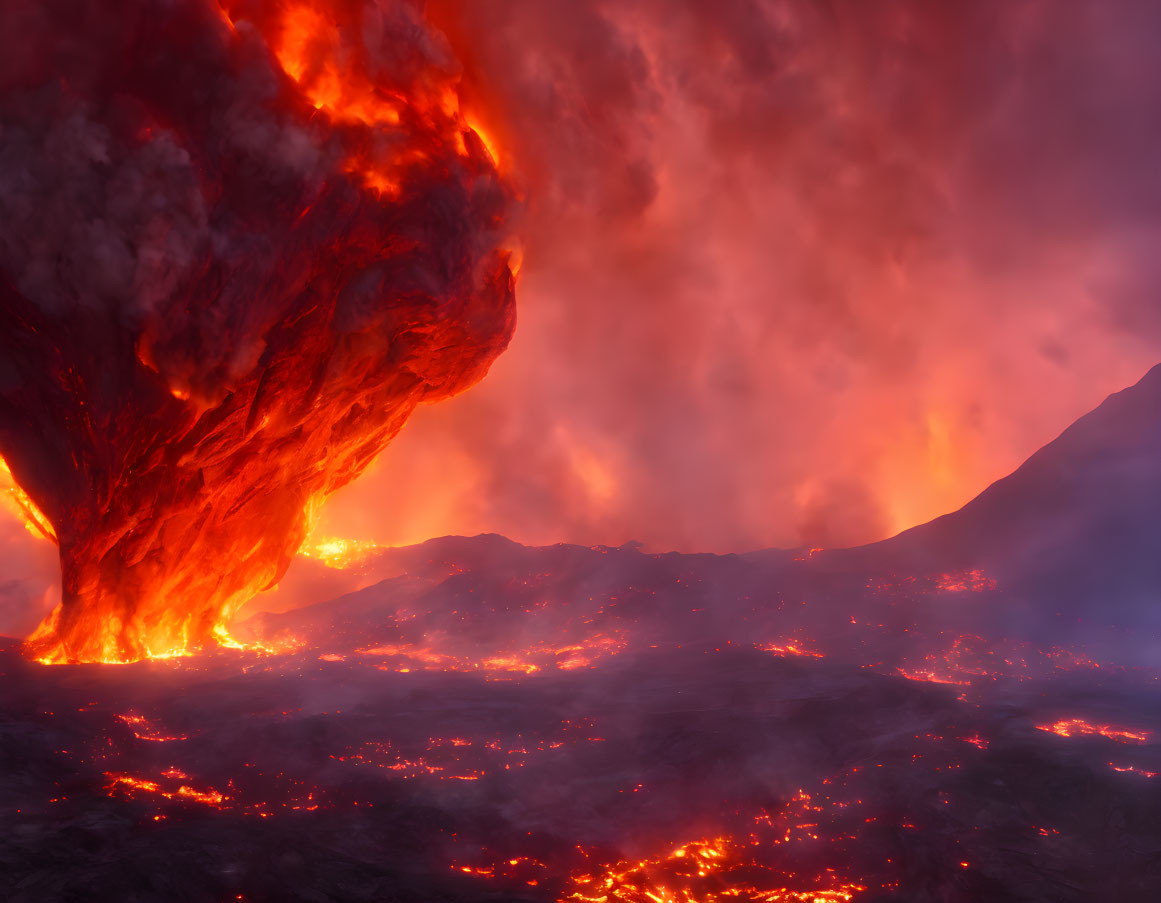 Massive volcanic eruption with fiery plume under red sky and flowing lava