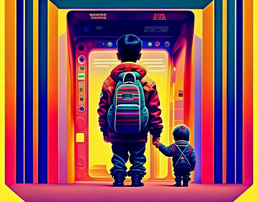 Vibrant digital artwork of children by futuristic vending machine