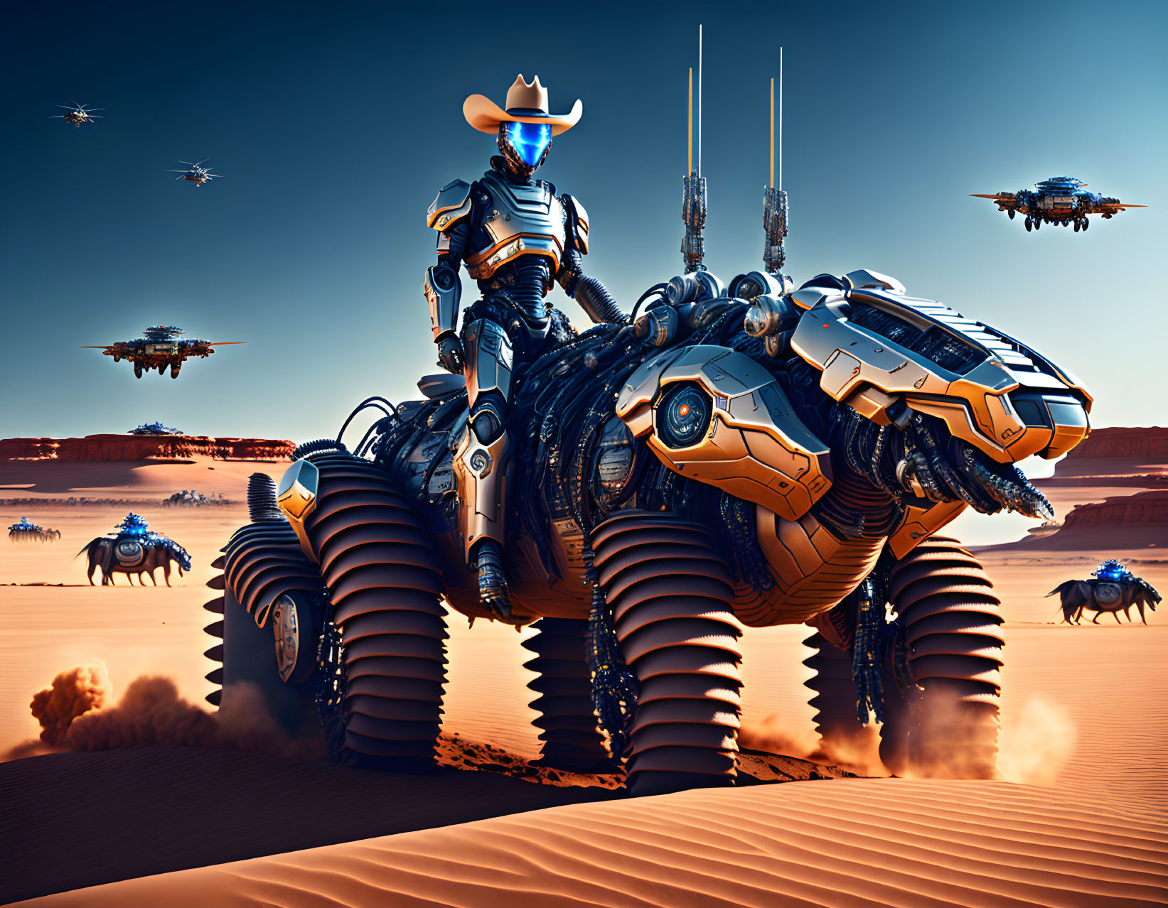 Futuristic robot cowboy on mechanical quadruped in desert landscape with drones.