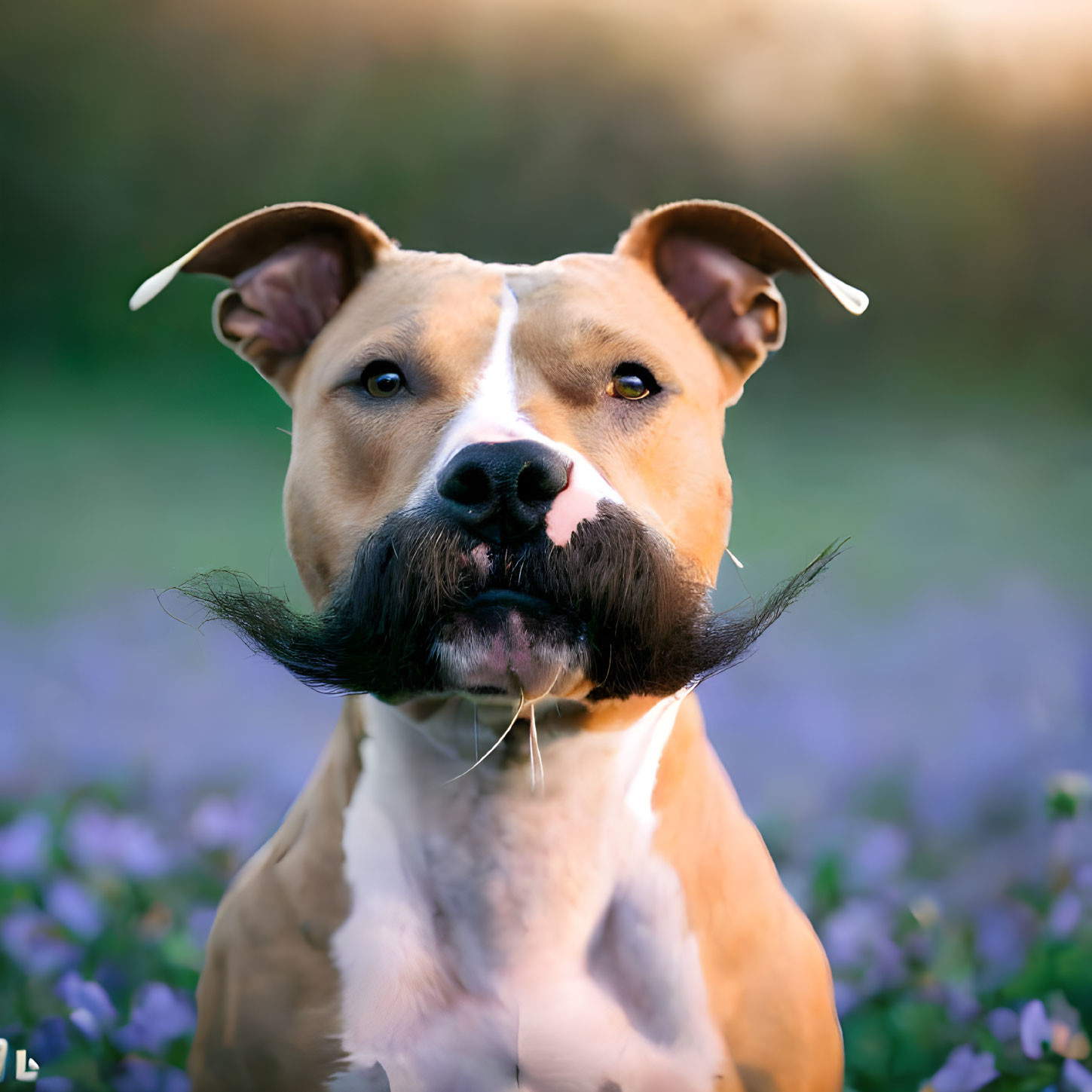 Black Mustache Dog Sitting in Purple Flower Field