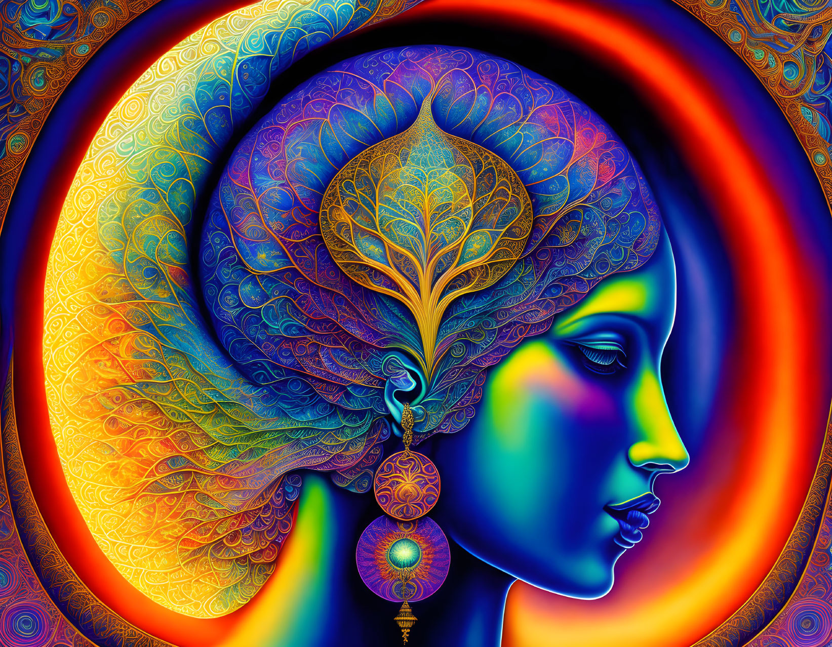 Colorful digital artwork: Woman in profile with intricate peacock feather headdress