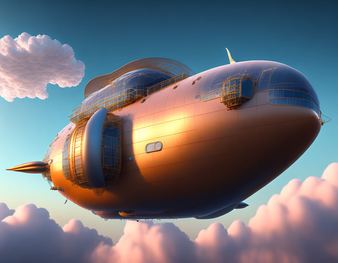 Steampunk airship with multiple decks in serene sky