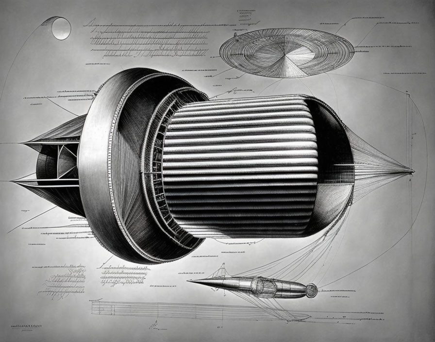 Detailed Technical Drawing of Spacecraft Engine with Annotations and Sectional View