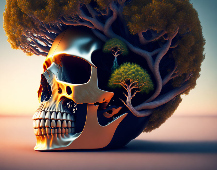 Surreal human skull with tree symbolizing life cycle