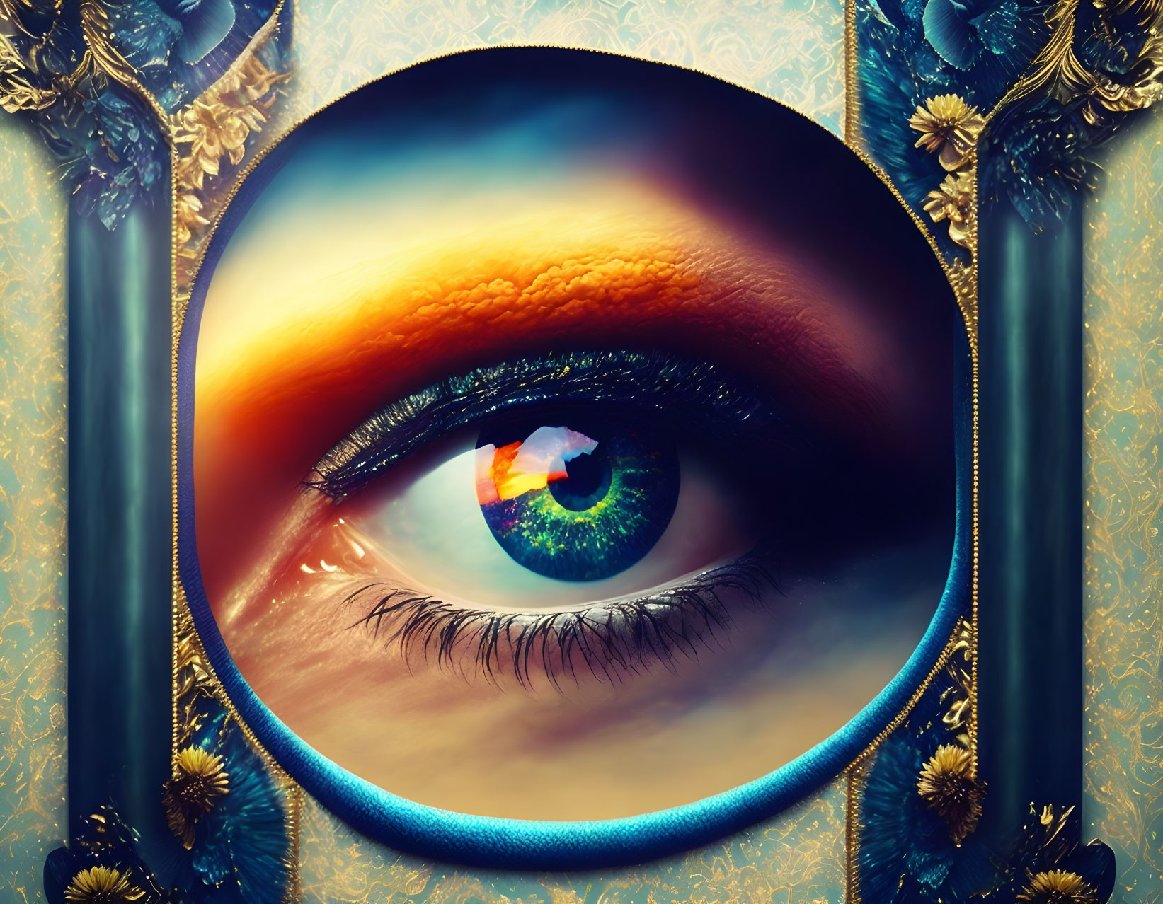 Detailed human eye with blue and gold motifs on decorative background