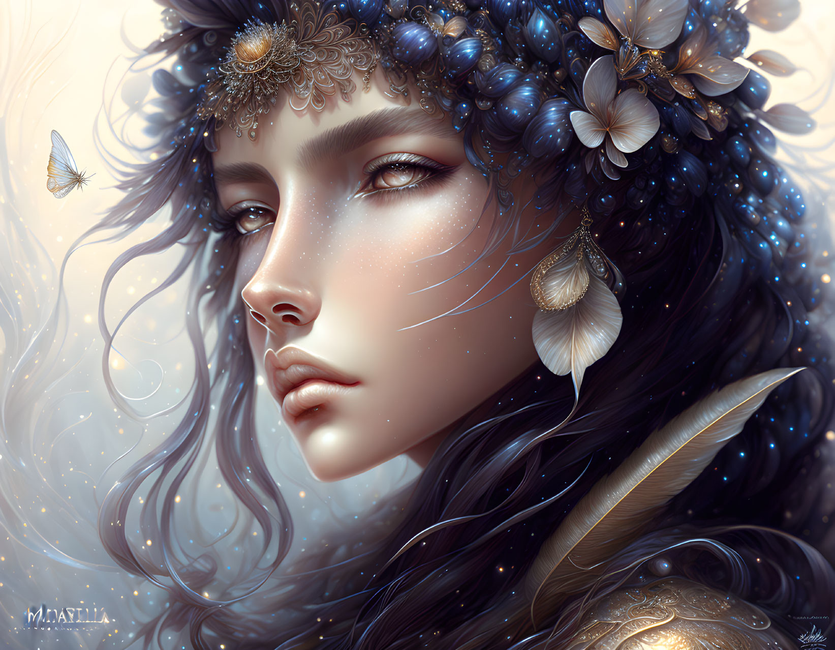 Fantasy portrait of woman with blue floral and gold tiara, surrounded by butterflies in ethereal setting