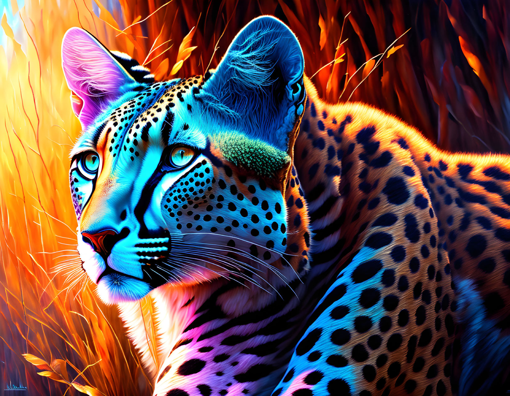 Colorful Leopard Digital Painting with Blue Eyes in Fiery Grass Background