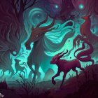 Enchanted forest scene with glowing flora, mystical horses, and moonlit sky