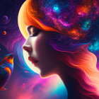 Stylized female figures with cosmic hair in vibrant space nebula