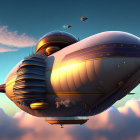 Steampunk airship with multiple decks in serene sky