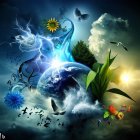 Fantasy surreal art: Nature, day & night, human profiles, flora, fauna, floating islands