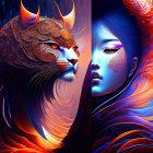 Stylized faces with ornate headpieces in warm oranges and cool blues, evoking mystique