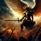 Golden-armored angelic warrior with luminous wings on fiery battlefield