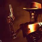 Intricate robotic arm in cowboy hat on dark background