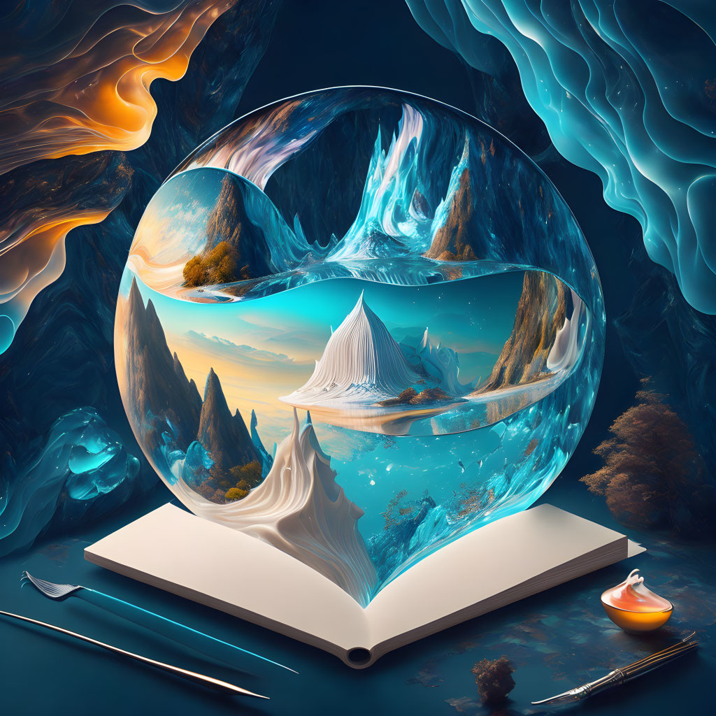 Surreal open book with crystal sphere over fantastical landscape