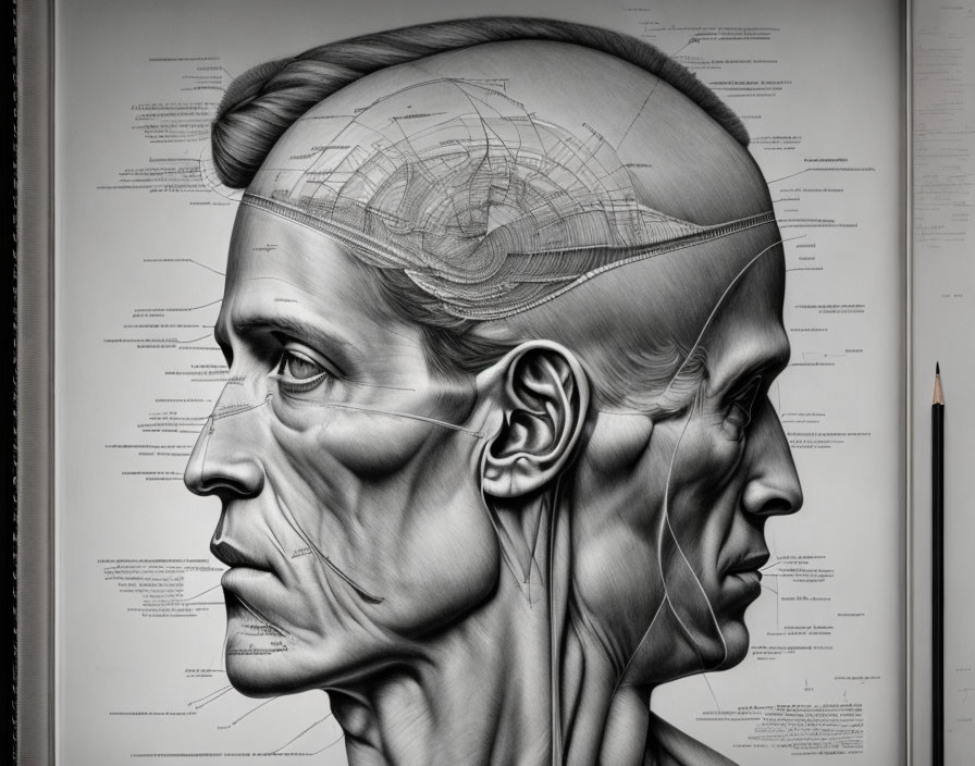 Detailed Human Head Anatomy with Facial Muscles and Skull Illustration