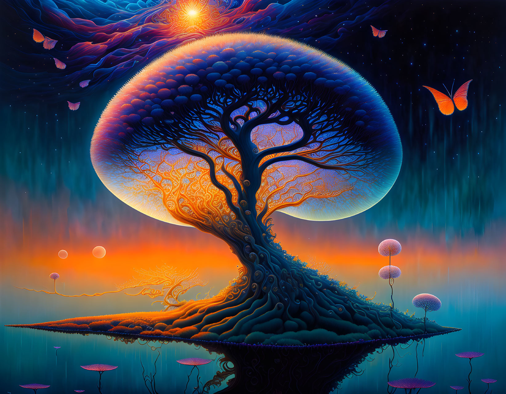 Colorful Artwork: Mystical Tree, Butterflies, Sunset Sky