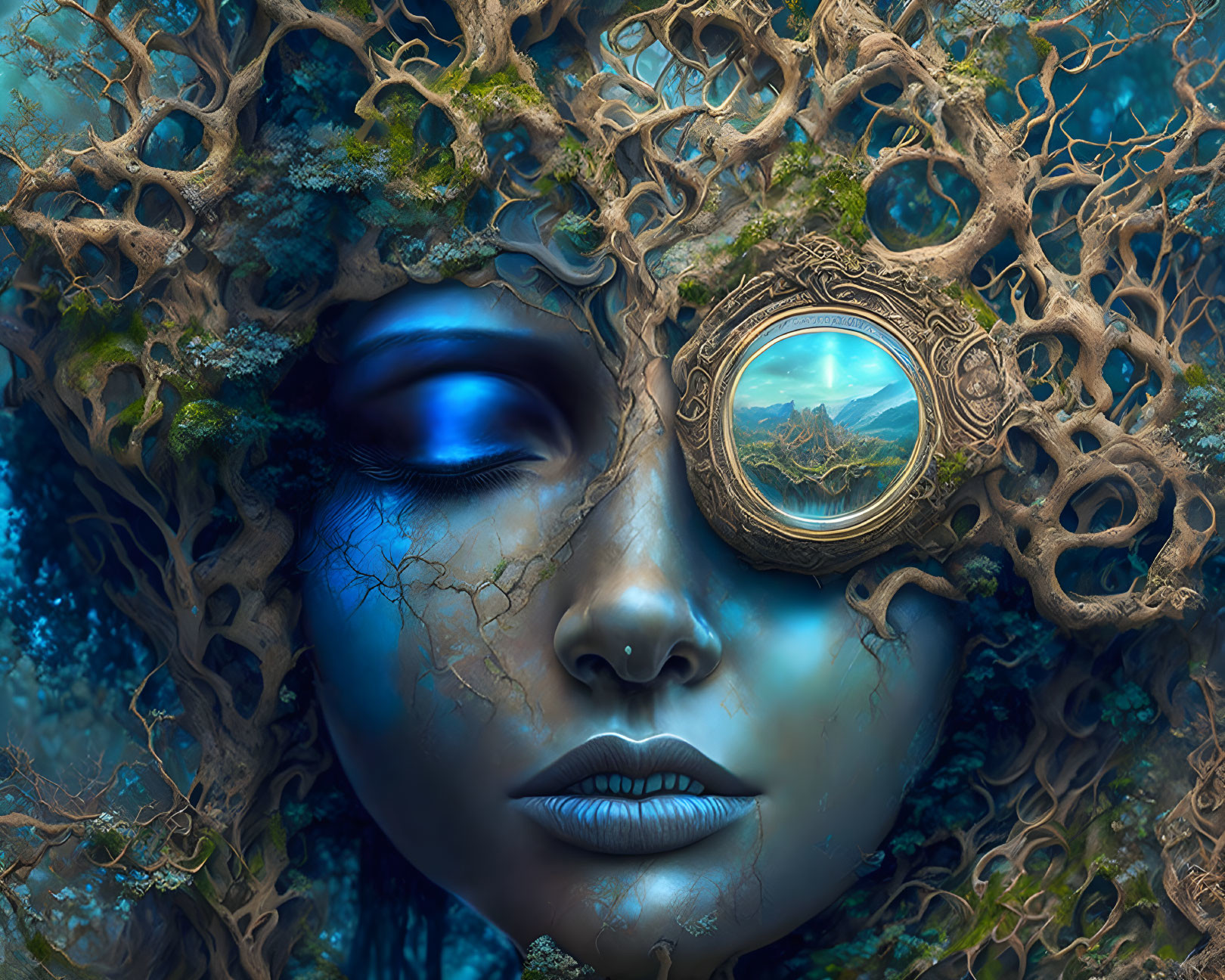 Blue-skinned female with tree-like patterns and monocle portrait.