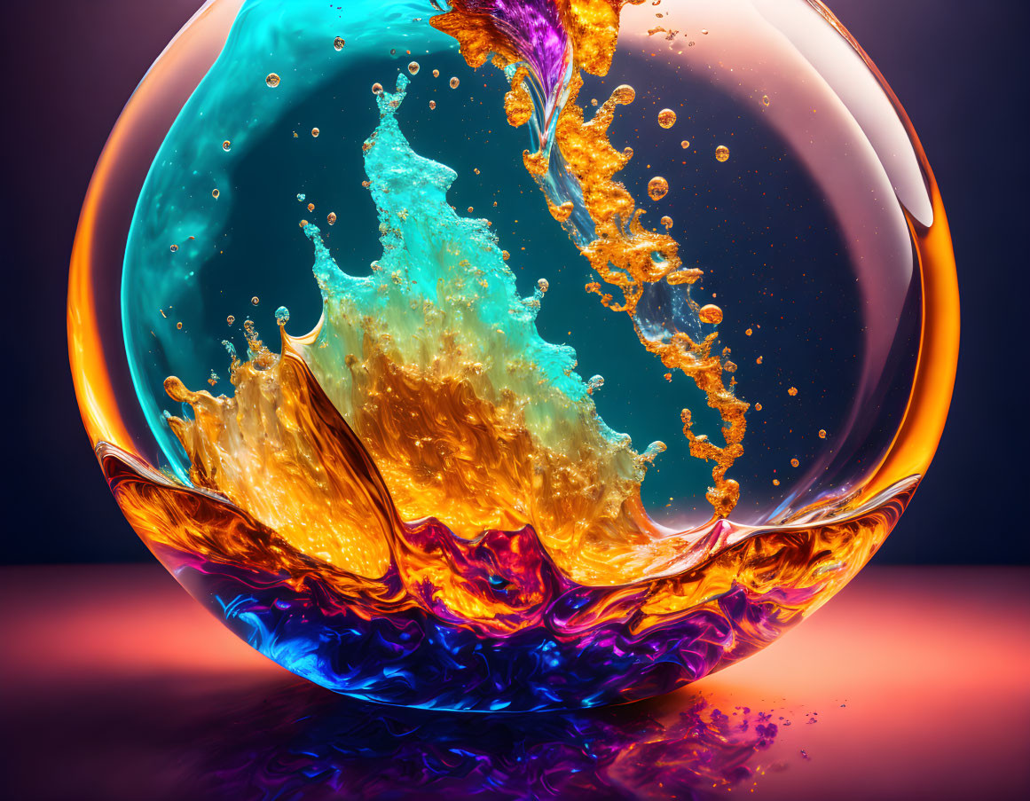 Colorful Liquid Splashes Captured in Glass Sphere on Dark Background