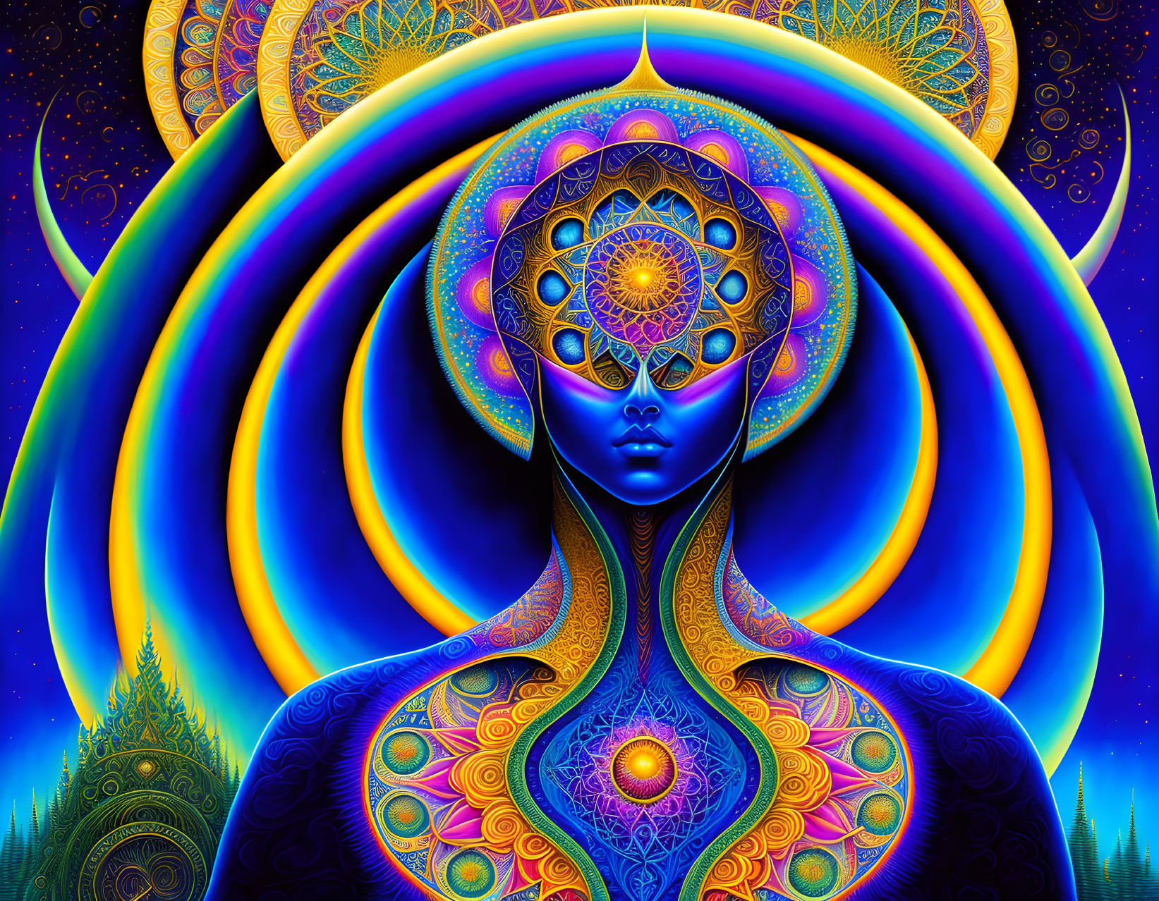 Mystical figure with glowing chakras in celestial digital art