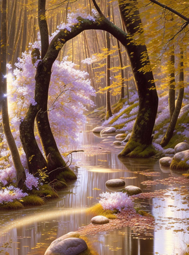 Tranquil forest with golden leaves, purple blossoms, and serene river