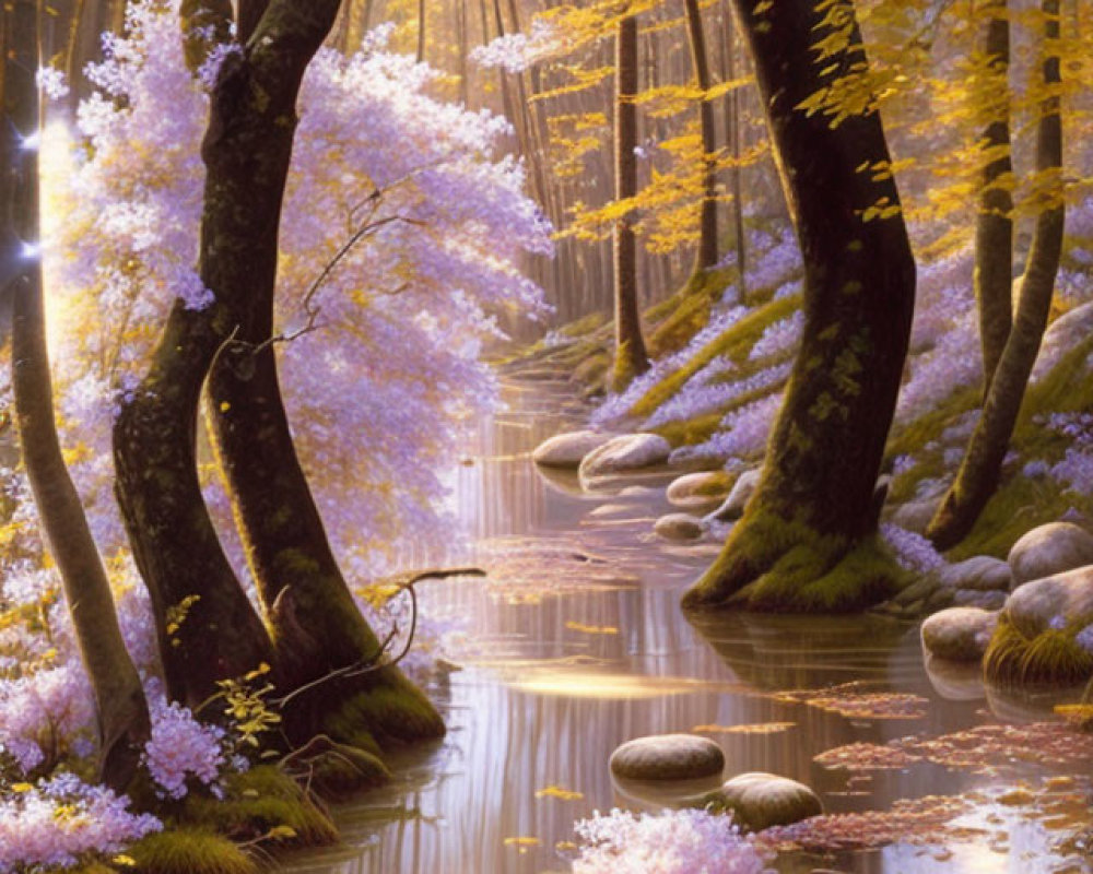 Tranquil forest with golden leaves, purple blossoms, and serene river