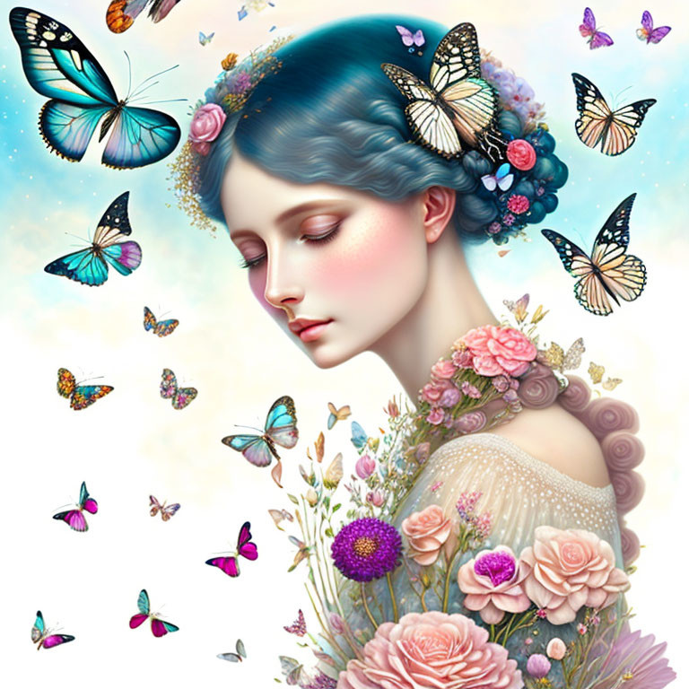 Illustrated woman with blue hair and butterflies in pastel-colored backdrop