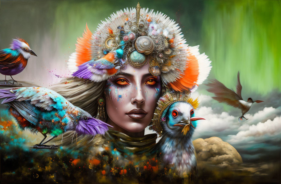 Elaborate headdress woman with birds in surreal setting