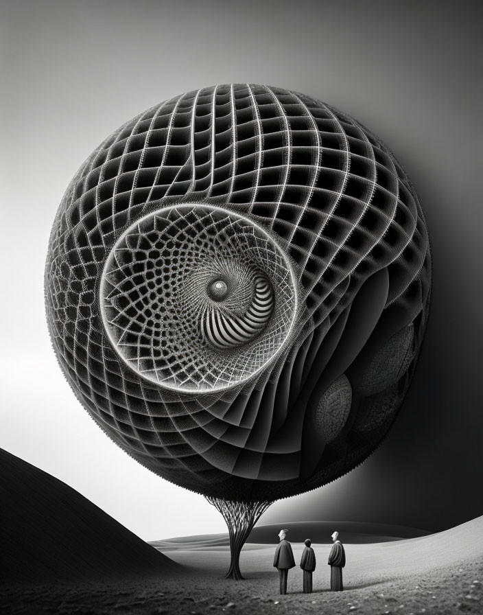 Three figures admire intricate spherical sculpture in surreal landscape.