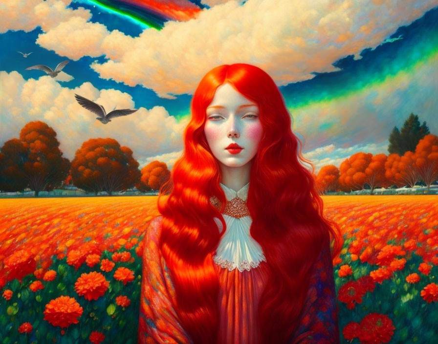 Vibrant red-haired woman in field of red flowers under rainbow sky