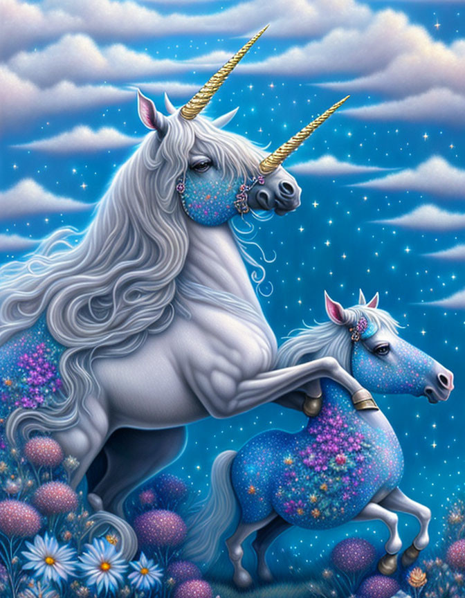 Two unicorns in a starlit floral scene