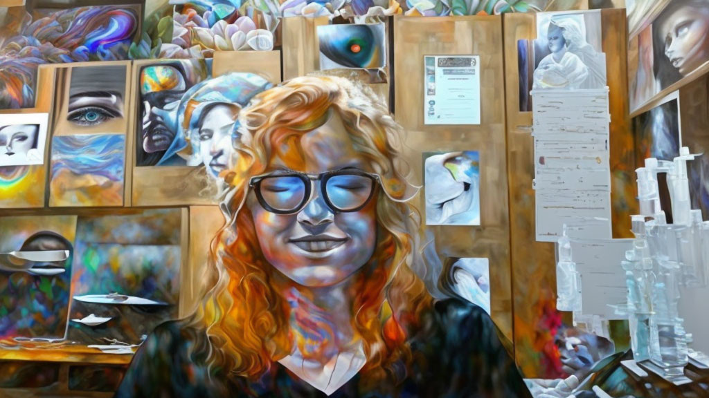 Red-Haired Woman Smiling Among Colorful Artworks