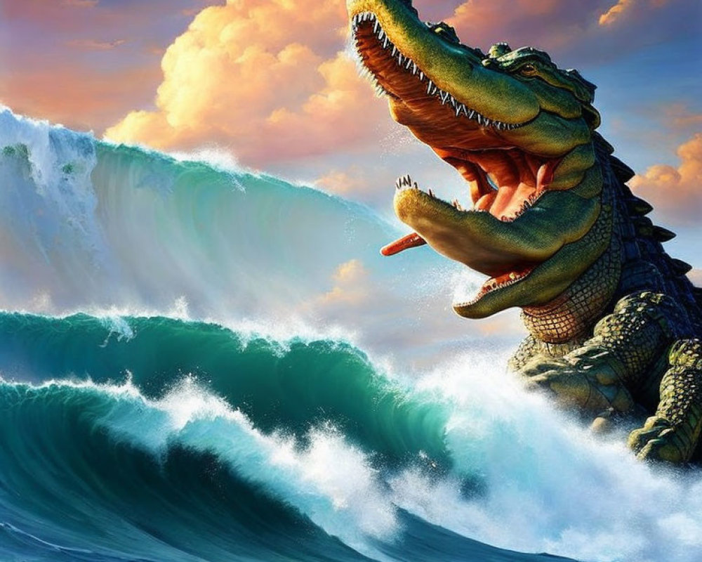 Giant crocodile emerging from ocean with open jaws and wave cresting