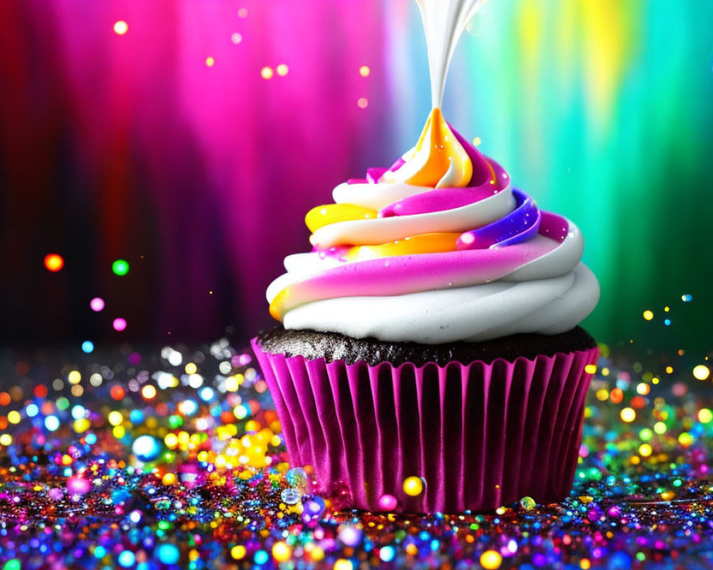 Colorful Cupcake with Yellow, Purple, and White Icing and Candle on Glittery Background