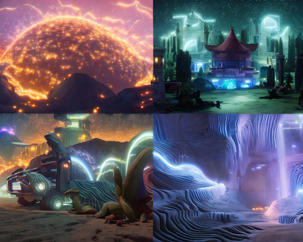 Four Futuristic Scenes: Glowing Alien Landscapes & Lava Planet