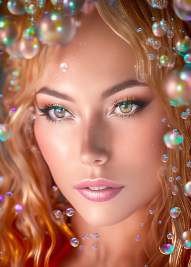 Portrait of woman with golden hair and green eyes in iridescent bubble environment