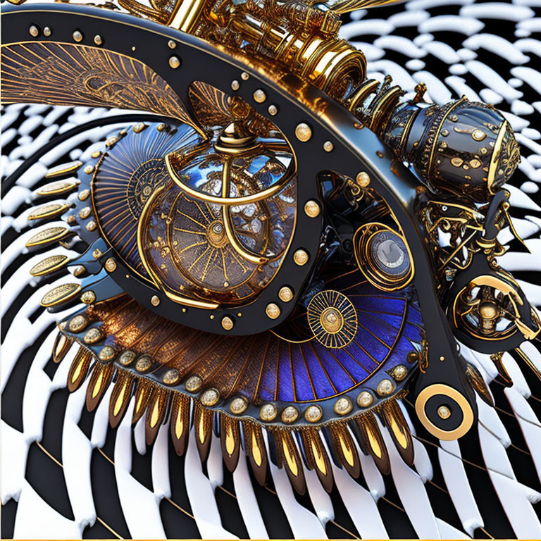 Intricate Steampunk Object with Golden Gears on Spiral Background