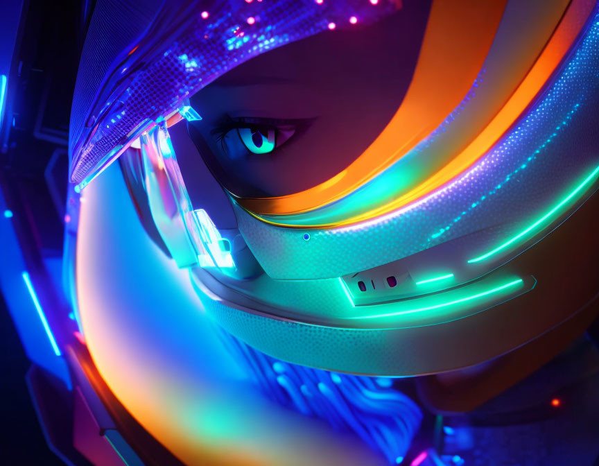 Detailed Close-Up of Futuristic Character with Neon-Lit Helmet and Visor