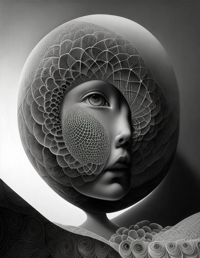 Monochrome illustration of girl with patterned aura.