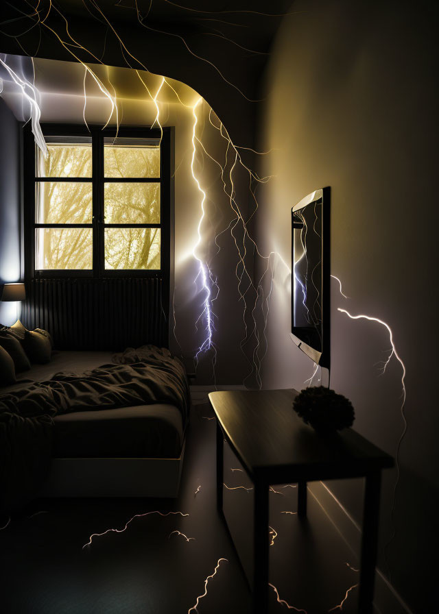 Cozy bedroom at night with yellow window light and LED lightning bolt decorations.