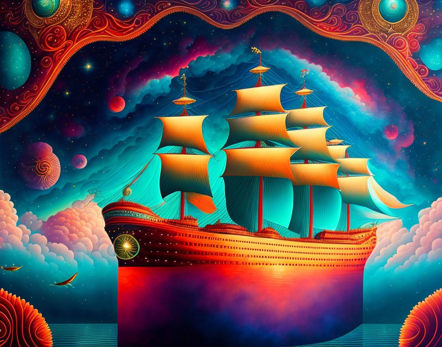 Colorful surreal ocean with celestial bodies and large sailing ship