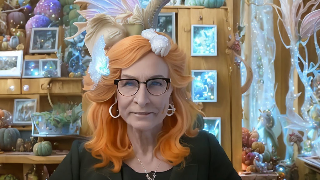 Orange-Haired Woman with Glasses in Colorful Whimsical Setting