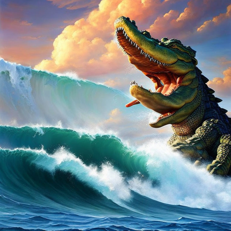 Giant crocodile emerging from ocean with open jaws and wave cresting