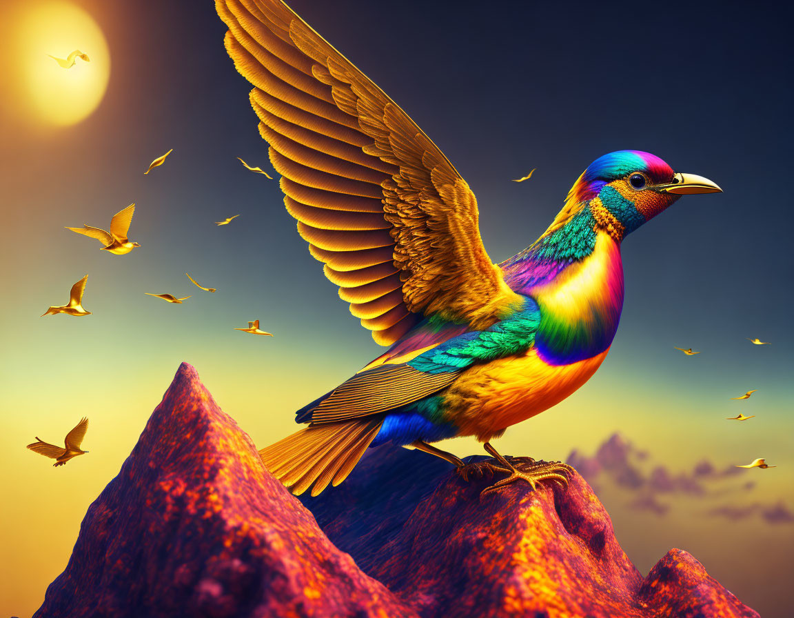 Colorful Bird Perched on Rock Against Sunset Sky