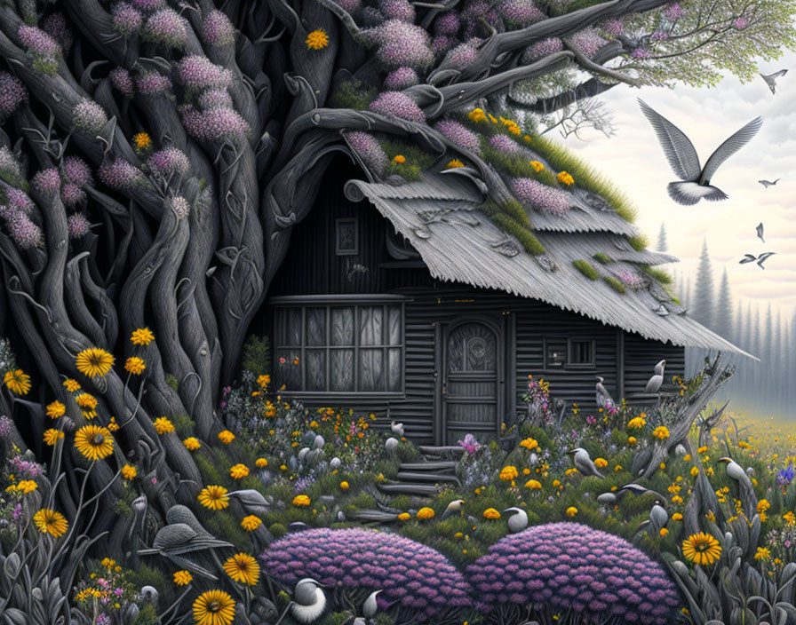 Mysterious artwork: wooden cabin, lush garden, hidden faces, twilight sky