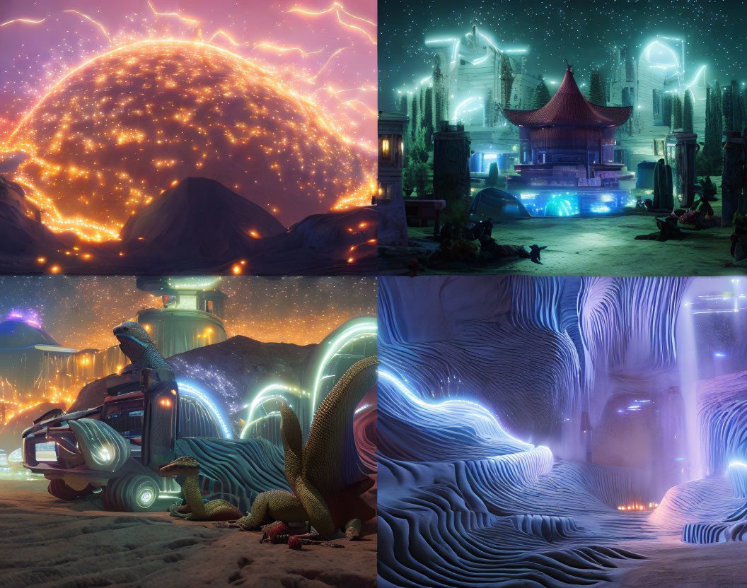 Four Futuristic Scenes: Glowing Alien Landscapes & Lava Planet